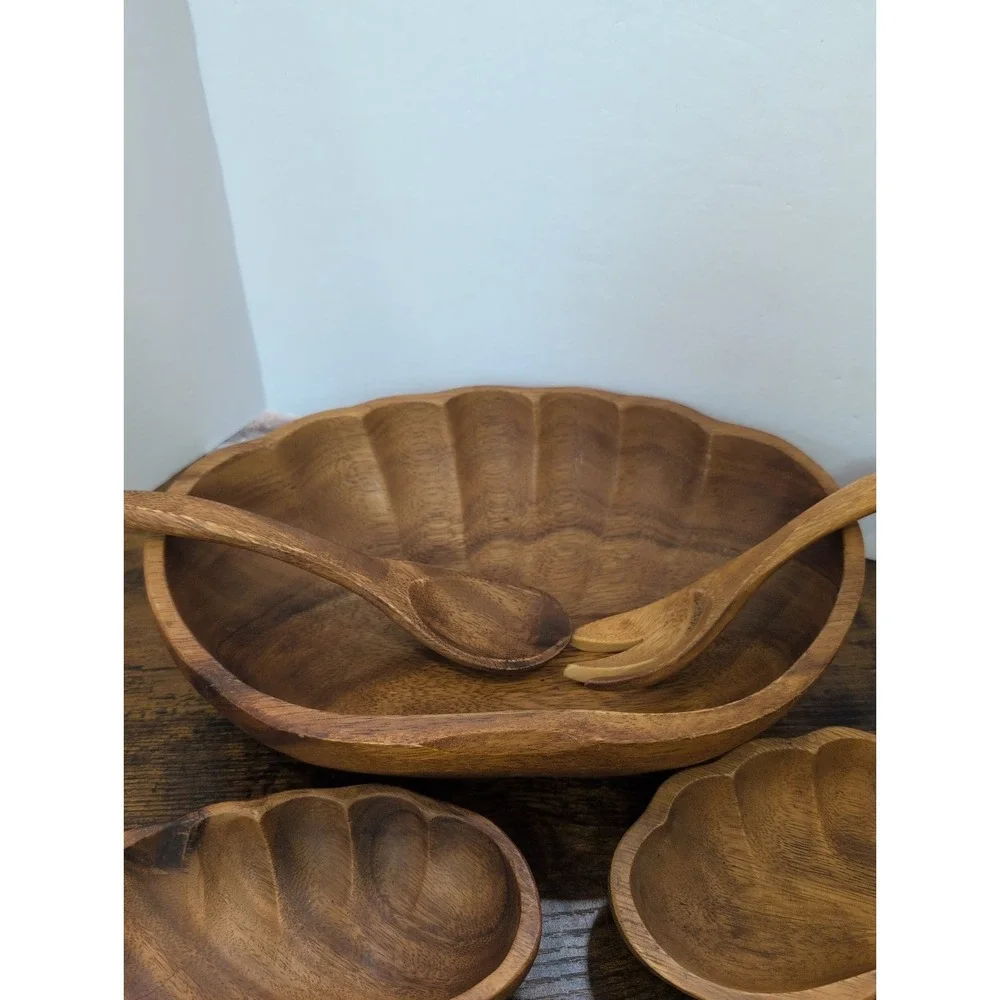 Vtg Handcrafted Wooden Salad Bowl Set Large Bowl / 4  Bowls /Salad & Utensils
